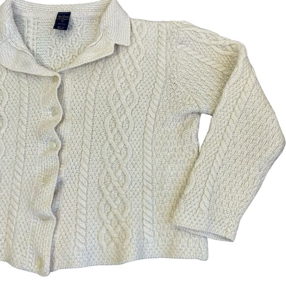 Paul James Sz L 100% Wool Chunky Cable Knit Cardigan Cream Fisherman Shrunken - Picture 7 of 16